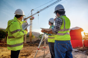 A construction team reviewing blueprints at a bustling commercial project site.