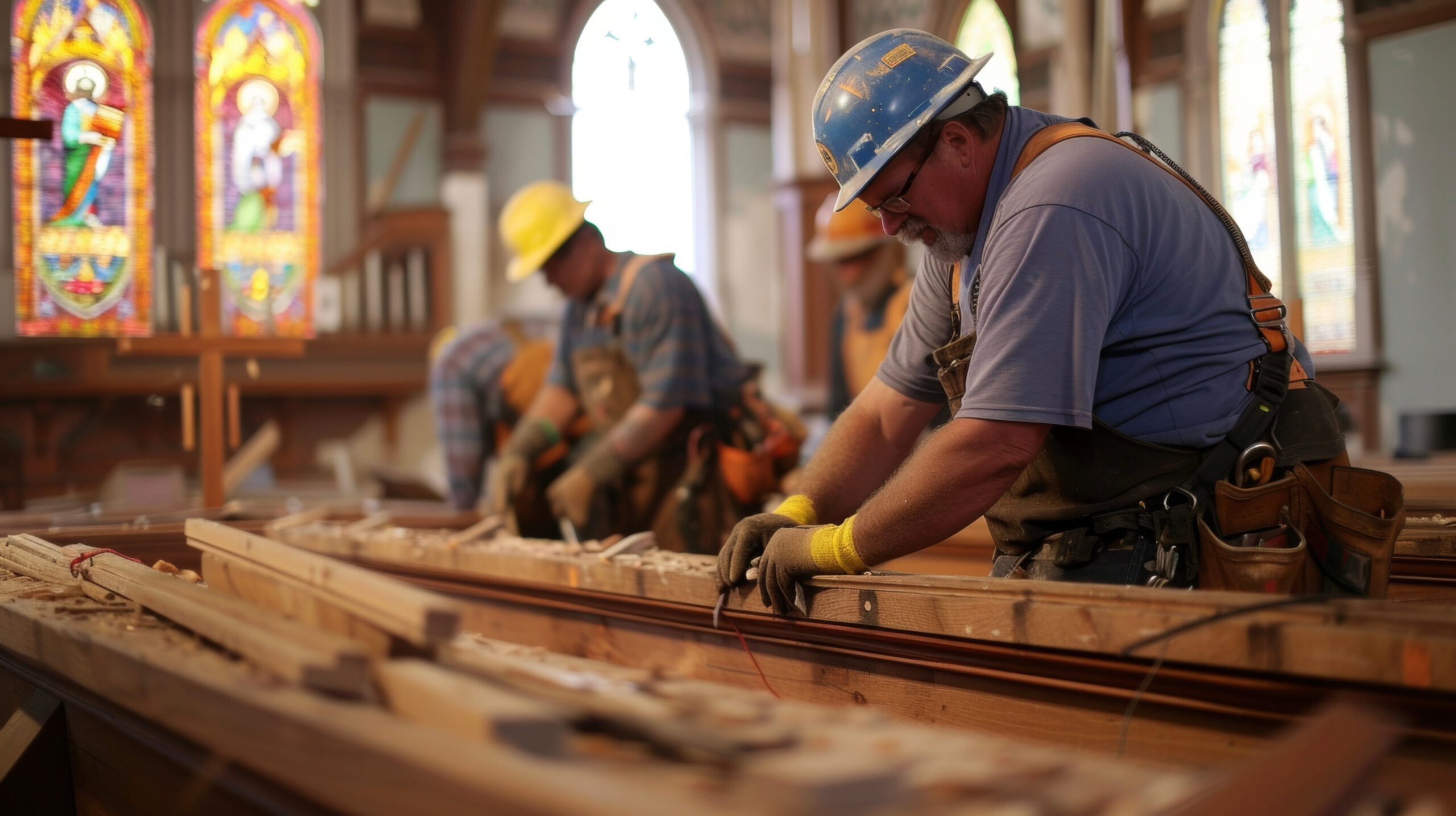 Skilled workers renovating a church, preserving its sacredness and enhancing its timeless splendor.